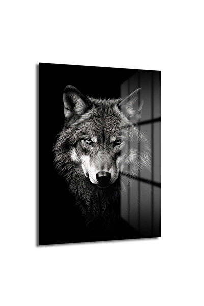 GLAZELLA Siyah Beyaz Kurt Dekoratif Dikey Cam Tablo, Ev Dekorasyon, Ofis Deko...