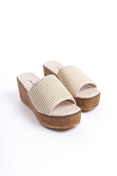 ÜNAL ÖZER Beige Wedge Heeled and Straw Sole Women's Shoes