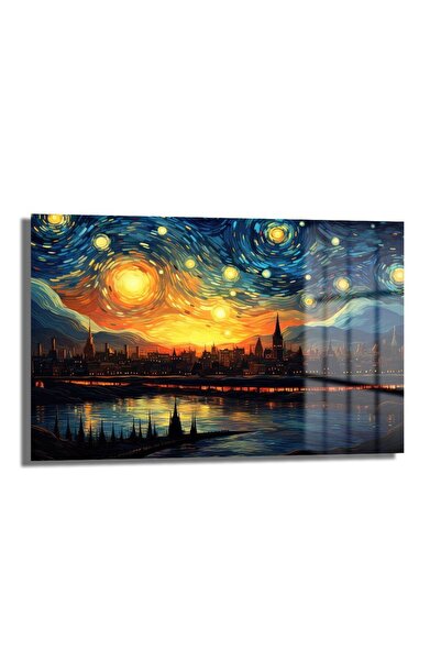 GLAZELLA Van Gogh Tarzı Gece Dekoratif Yatay Cam Tablo