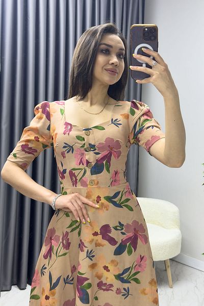 zks grup tekstil Beige Short Sleeve Summer Dress - Floral Pattern