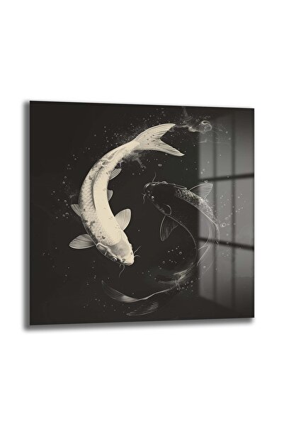 GLAZELLA Yin Yang Siyah Beyaz Balıklar Kare Cam Tablo