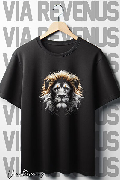 Vordevia Crna Oversize kroj Lion Štampano okrugla kragna majica