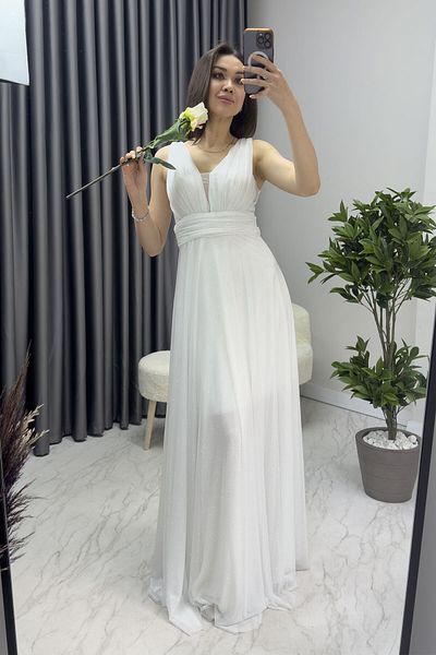 zks grup tekstil White and Black Women's Evening Dress - Zero Sleeve and Transparent Detail