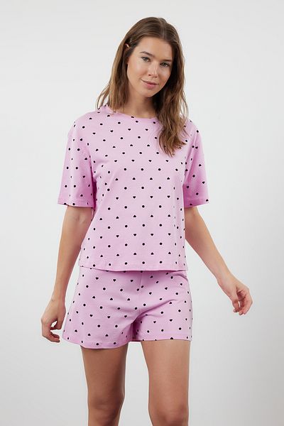 Trendyol Collection Růžové 100% bavlněné šortky se vzorem srdce Pletené pyžamové soupravy THMSS21PT1485