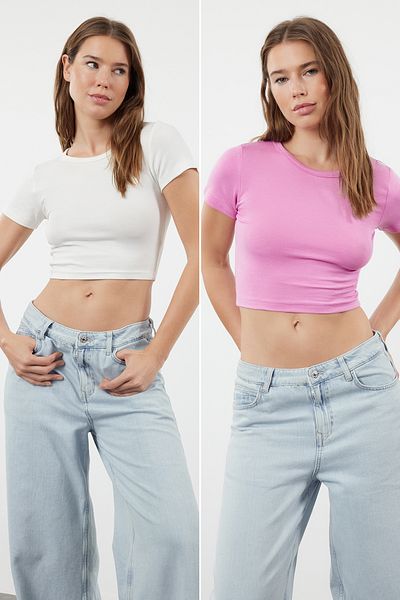 Trendyol Collection Rugalmas viszkóz/puha szövet - prémium rózsaszín-ekru növényes blúz 2 csomag TWOSS23BZ00108