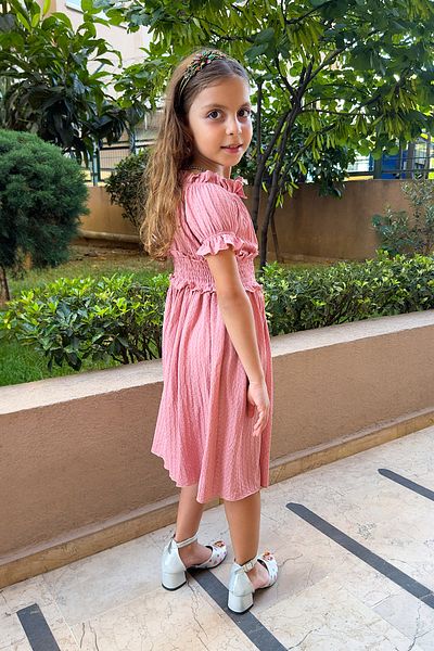 TRENDYOLKIDS Girl's Dried Rose Dress - Short Sleeve and Elastic Waist, Woven TKDSS24EL00016
