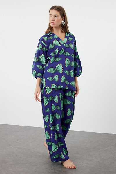 Trendyol Collection 100% Cotton Fish Patterned Blouse and Pants Set - TBESS24AU00070