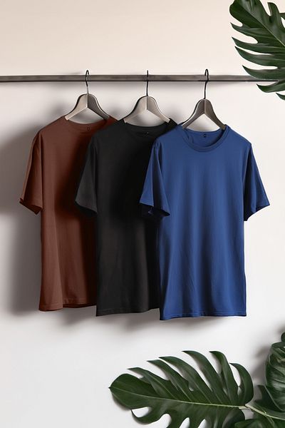 Trendyol Collection 3 csomag fekete-barna-sötétkék karcsú szabású 100% pamut rövid ujjú póló - TMNSS21TS1048