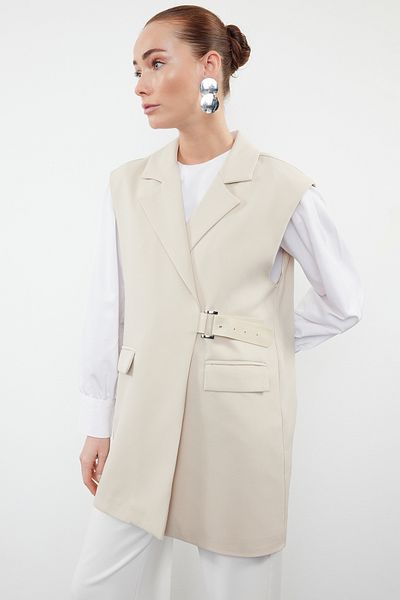 Trendyol Modest Dark Beige Woven Vest - Half Belt Closure TCTAW23YL00006