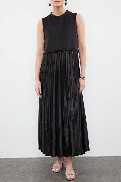 Trendyol Modest Černá sukně plisovaná pletená saténová vložka bez rukávů vnitřní šaty TCTSS24EB00245