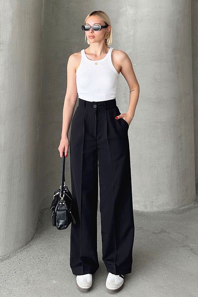 Trend Alaçatı Stili Black Linen Palazzo Trousers - Double Pocket, Pleated Alc-X12446