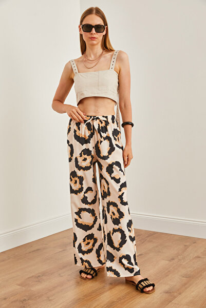 Olalook Kadın Leopar Taş Desenli Cupra Palazzo Pantolon PNT-19000283