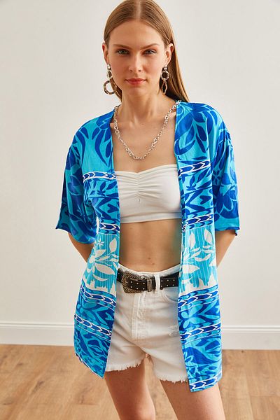 Olalook Kimono de damă din viscoză cu model albastru - KMN-00000065