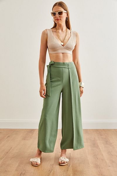 Olalook Mint Green Women's Palazzo Trousers - Tie Detailed, Wrap Cut PNT-19000199