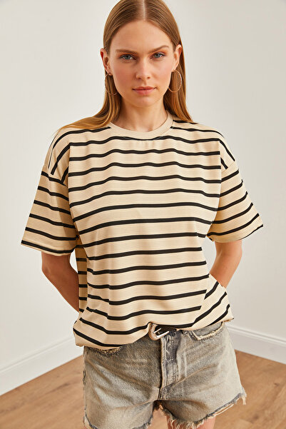 Olalook Stone Black Striped Oversize Women's T-Shirt - TSH-19000824