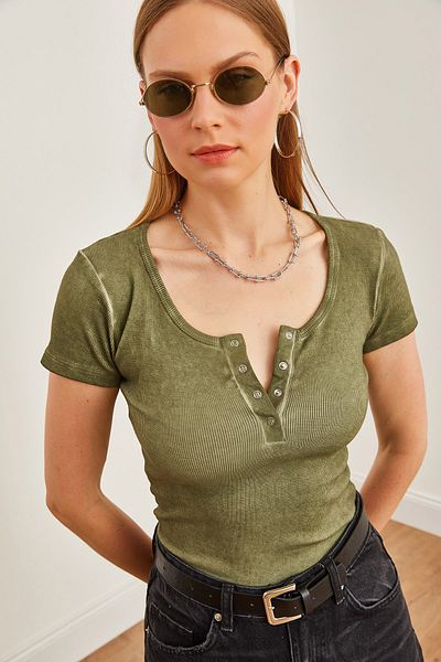 Olalook Khakifarbene Camisole-Bluse für Damen – gewaschen und zum Aufknöpfen BLZ-19000171