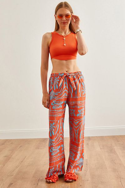 Olalook Orange Blue Patterned Linen Women's Palazzo Trousers - PNT-19000284