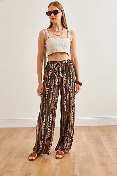 Olalook Dámské kalhoty Palazzo z viskózy s leopardím vzorem – hnědé, PNT-19000282