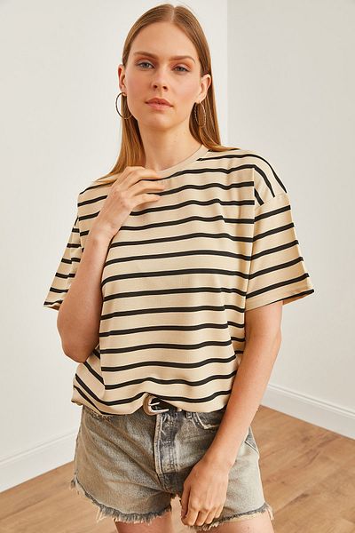 Olalook Tricou supradimensionat cu dungi Stone Black pentru femei - TSH-19000824