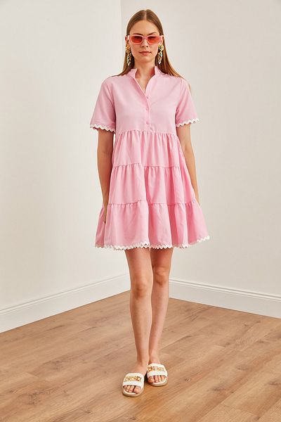 Olalook Bonbonrosa Minikleid mit Pulloverdetail für Damen – zum Knöpfen, ELB-19002194