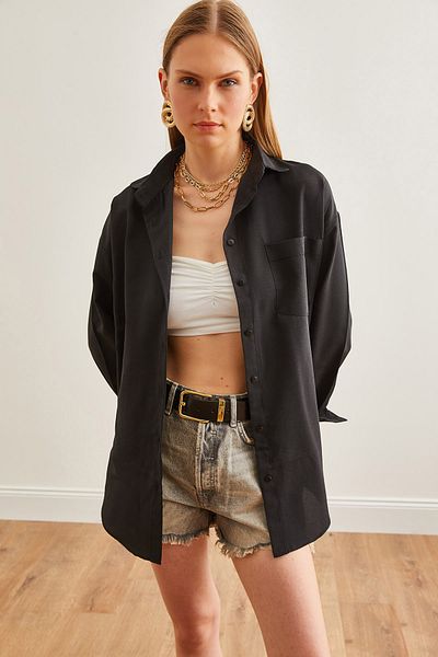 Olalook Černá dámská košile Oversize s jednou kapsou - GML-19001220