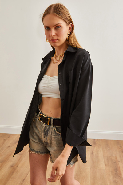 Olalook Černá dámská košile Oversize s jednou kapsou - GML-19001220