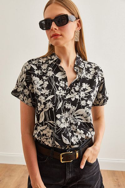 Olalook Cămașă de damă, alb-negru, cu vol floral, din viscoză, GML- 19001222