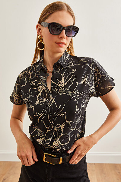 Olalook Cămașă neagră cu liliac din viscoză din voal floral pentru femei GML-...