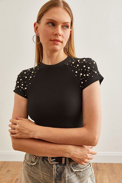 Olalook Μαύρη Slim Fittle Crop Ottoman Μπλούζα - Shoulder Pearl BLZ-19002684
