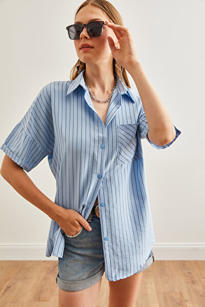 Olalook Baby Blue γυναικείο πουκάμισο μονό ριγέ τσέπης - GML-19001223