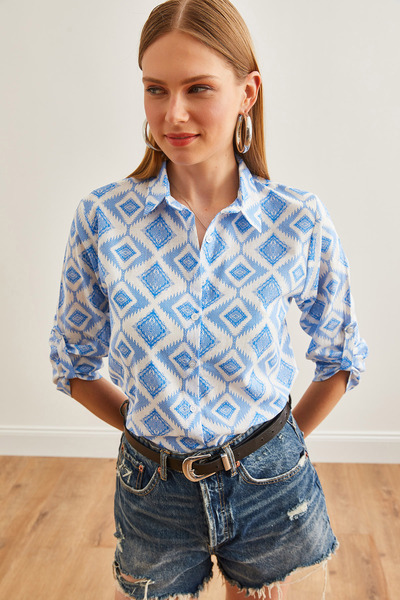 Olalook Cămașă de in pentru femei Argyle Blue cu mâneci pliate GML- 19000825