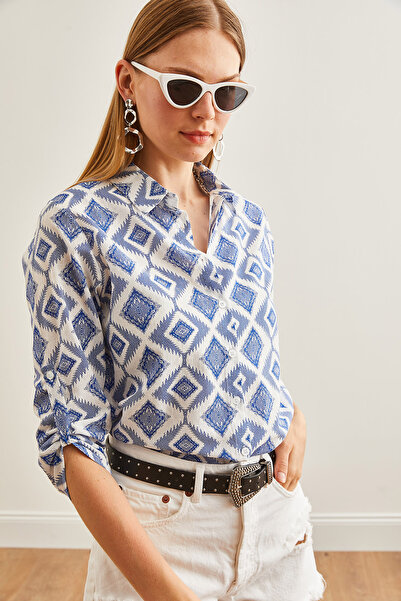 Olalook Dámská plátěná košile Baklava Navy Blue s rukávem GML- 19000825