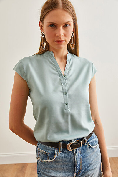 Olalook Μέντα πράσινη βισκόζη μπλούζα - V-Neck, 4 κουμπιά, BLZ-19000279