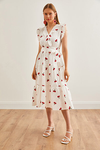 Olalook White-Red Frill Detailed Belted Midi Dress ELB-19002195