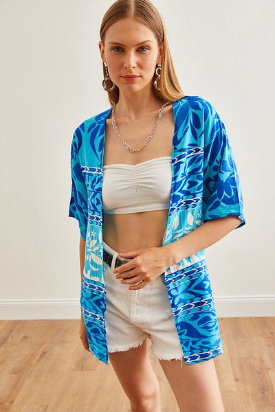Olalook Kimono de damă din viscoză cu model albastru - KMN-00000065
