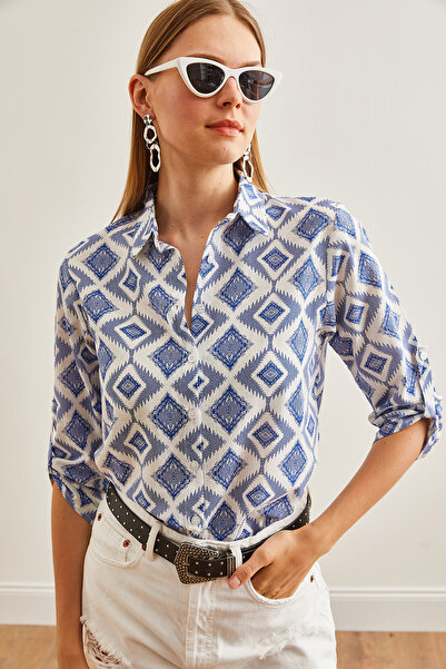 Olalook Dámská plátěná košile Baklava Navy Blue s rukávem GML- 19000825