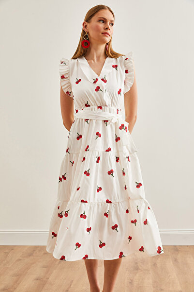 Olalook Λευκό-Κόκκινο Frill Λεπτομερές Μίντι Φόρεμα Ζώνης ELB-19002195