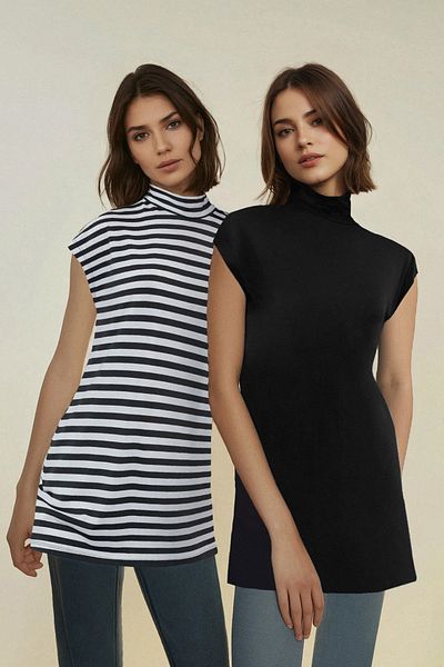 Trendyol Modest 2er-Pack schwarz-weiß gestreifte Tunika mit Stehkragen und ärmellosem Futter - TCTSS21UK0033
