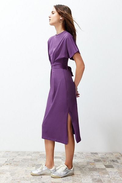 Trendyol Collection Rochie creion tricotată midi, mov, 100% bumbac, așezată în talie, cu cravată și detaliu TWOSS21EL0404