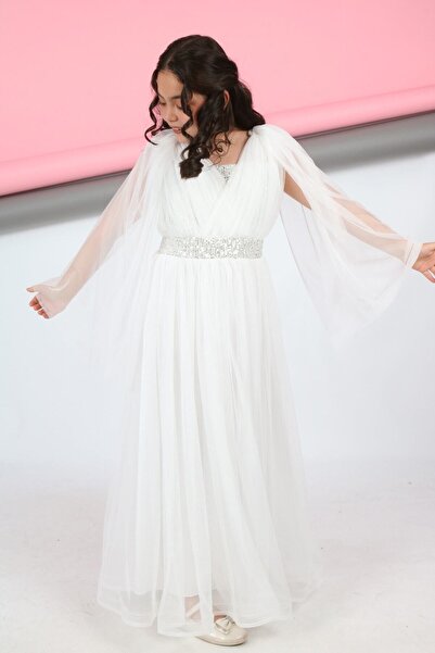 Asortik Kids Girl's Waist Sequin Embroidered Back Elastic Lace Sleeve Detail Evening Dress Graduation Wedding Prom Dress