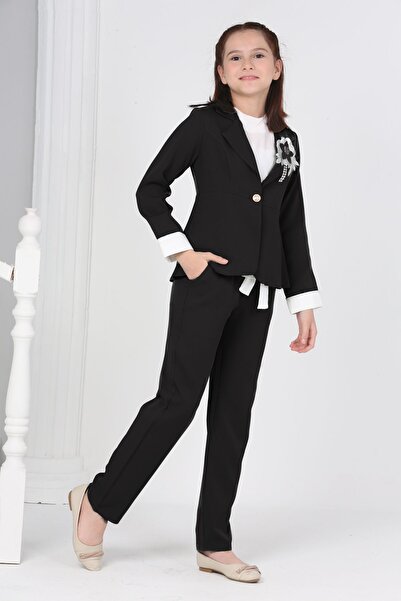 Asortix Kız Çocuk Blazer Ceket-Bluz-Pantolon 3 lü Kombin Bayramlık Özel Gün T...