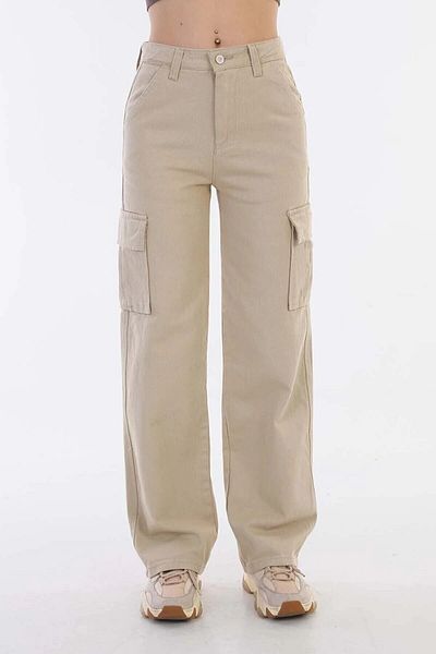 Asortix Girl's Cargo Pocket Detailed High Waist Wide Leg Jeans