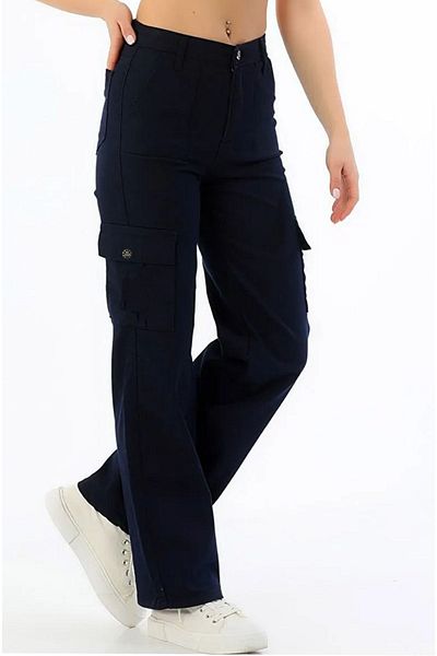 Asortix Girl's Cargo Pocket Detailed High Waist Wide Leg Navy Blue Jeans