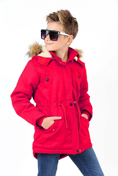 Asortix Boy's Waterproof Removable Hooded Plush Fur Lined Long Coat