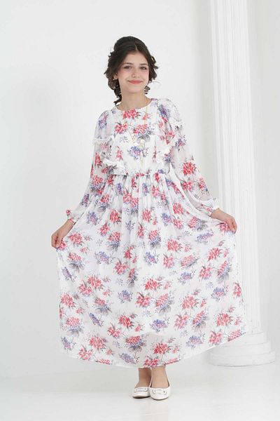 Asortix Rochie lungă din șifon, căptușită pentru fete, cu imprimeu floral, cu detaliu de colier care nu se vede