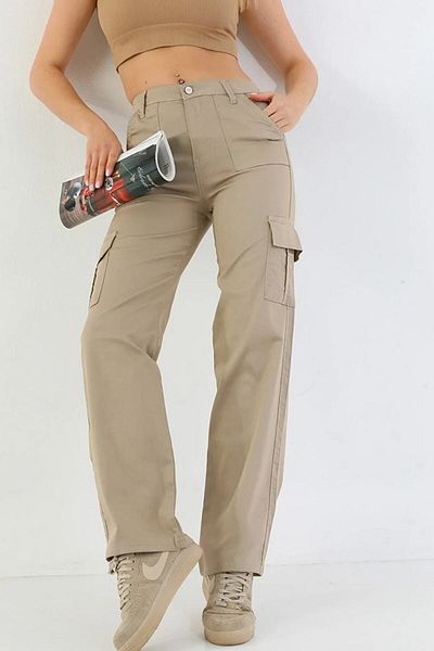 Asortix Girls' Cargo Pocket Detailed High Waist Wide Leg Jeans