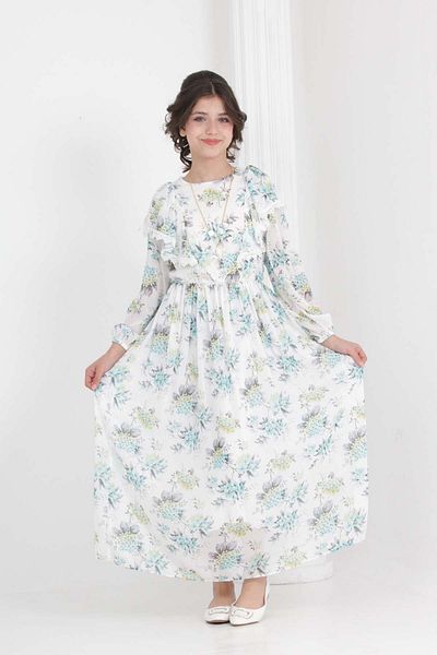 Asortix Rochie lungă din șifon, căptușită pentru fete, cu imprimeu floral, cu detaliu de colier care nu se vede