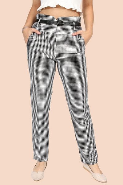 Asortix Girl's High Waist Belted Slim Leg Houndstooth Patterned Fabric Trousers