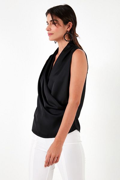 Lela Double Breasted Collar Sleeveless Satin Blouse BLUZ 611BZ0341