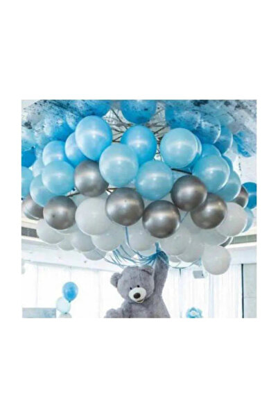 Öz-bal 50 Ad A.Mavi-Beyaz-Gümüş Metalik Balon 5 mt Balon Zinciri Parti Balon ...